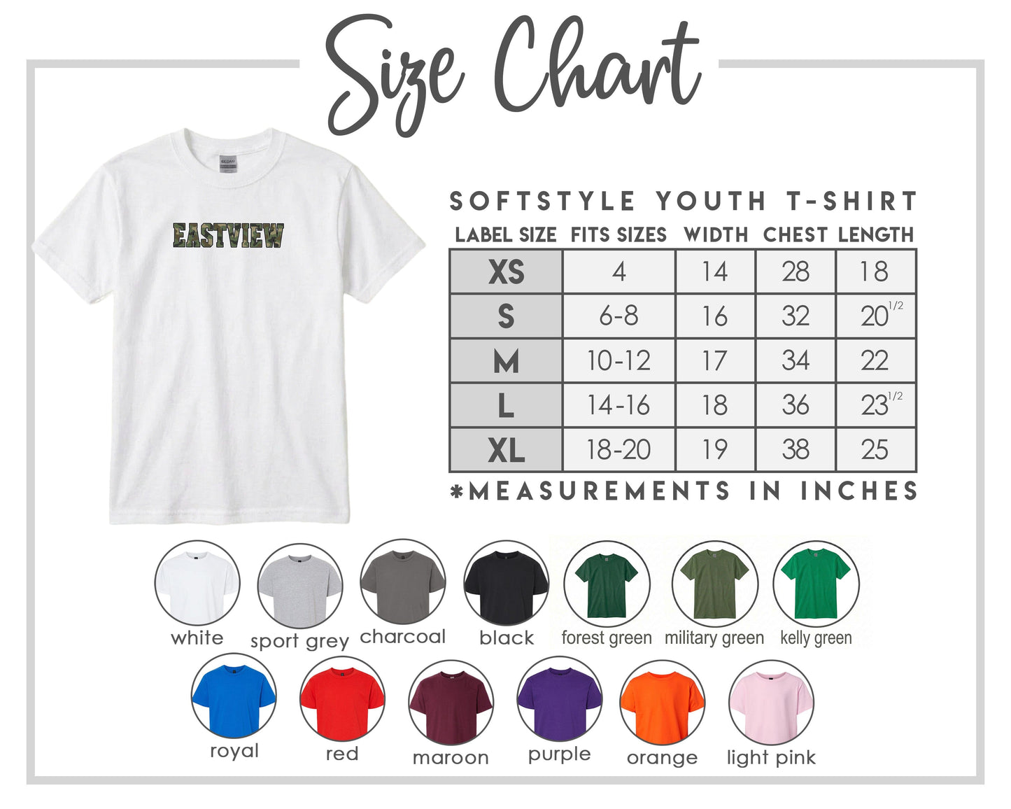 The image is a size chart for a softstyle youth t-shirt, providing measurements for different sizes and corresponding t-shirt colors.