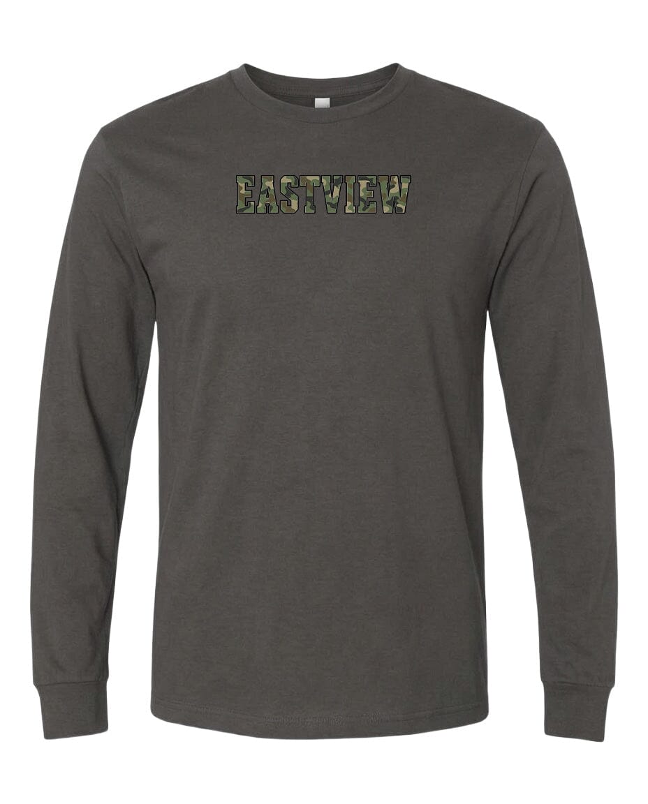 A gray long-sleeved t-shirt with the word "EASTVIEW" printed on it in a camouflage pattern.