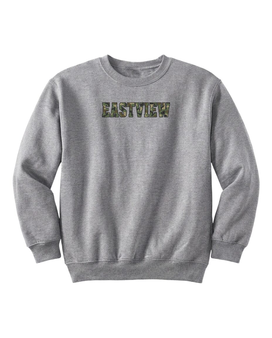 A gray sweatshirt with the word "EASTVIEW" printed on it in a camouflage pattern.
