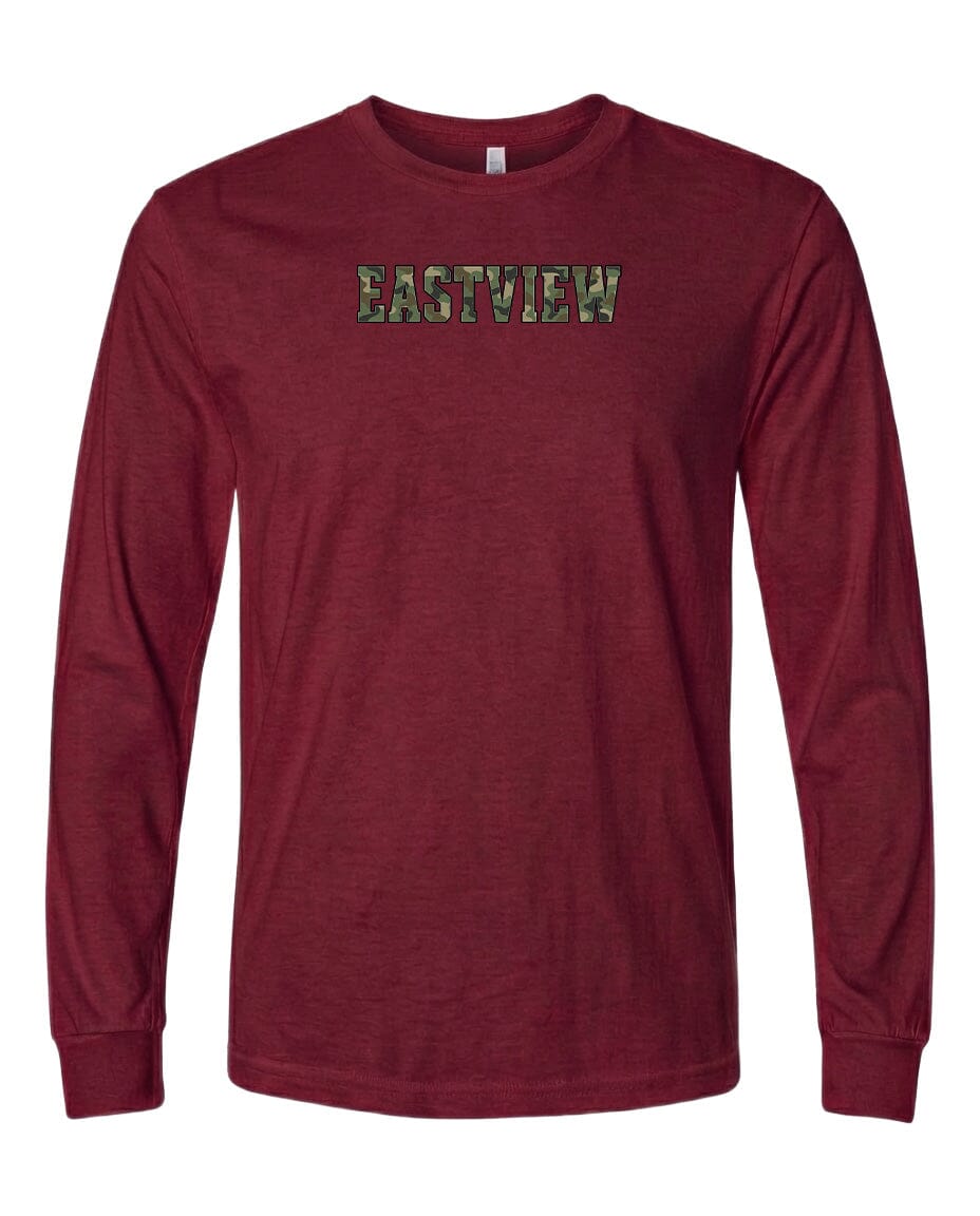 A maroon long-sleeved t-shirt with the word "EASTVIEW" printed on it in a stylized font.