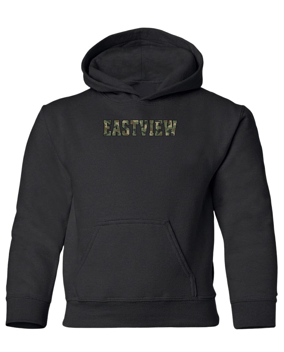 A black hooded sweatshirt with the word "EASTVIEW" printed on it in a camouflage pattern.