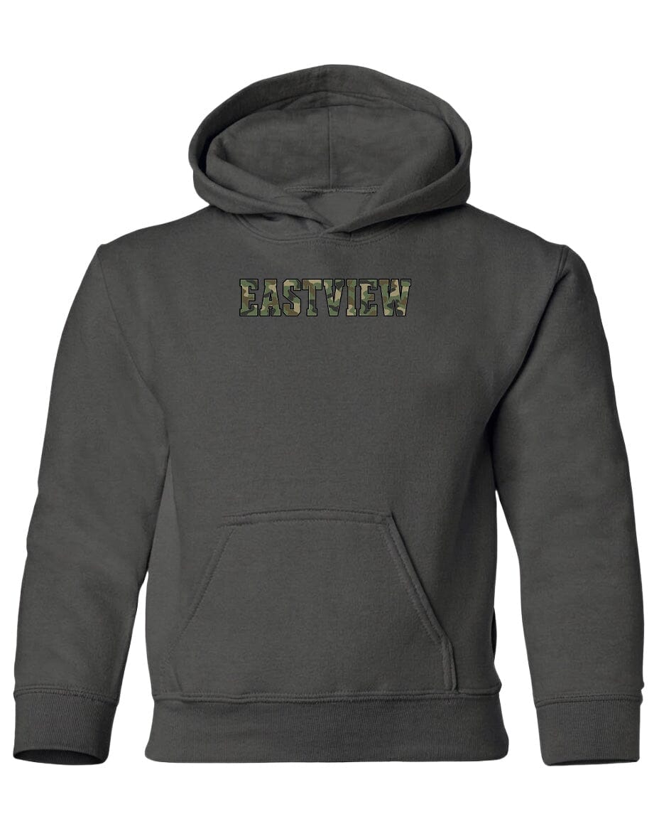 A gray hooded sweatshirt with the word "EASTVIEW" printed on it in a camouflage pattern.