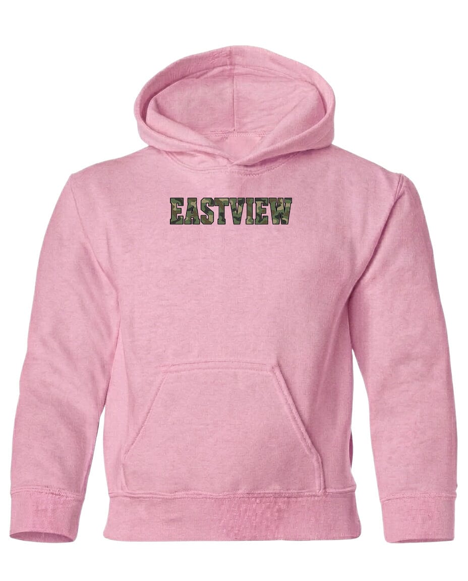 A pink hoodie with the word "EASTVIEW" printed on it.
