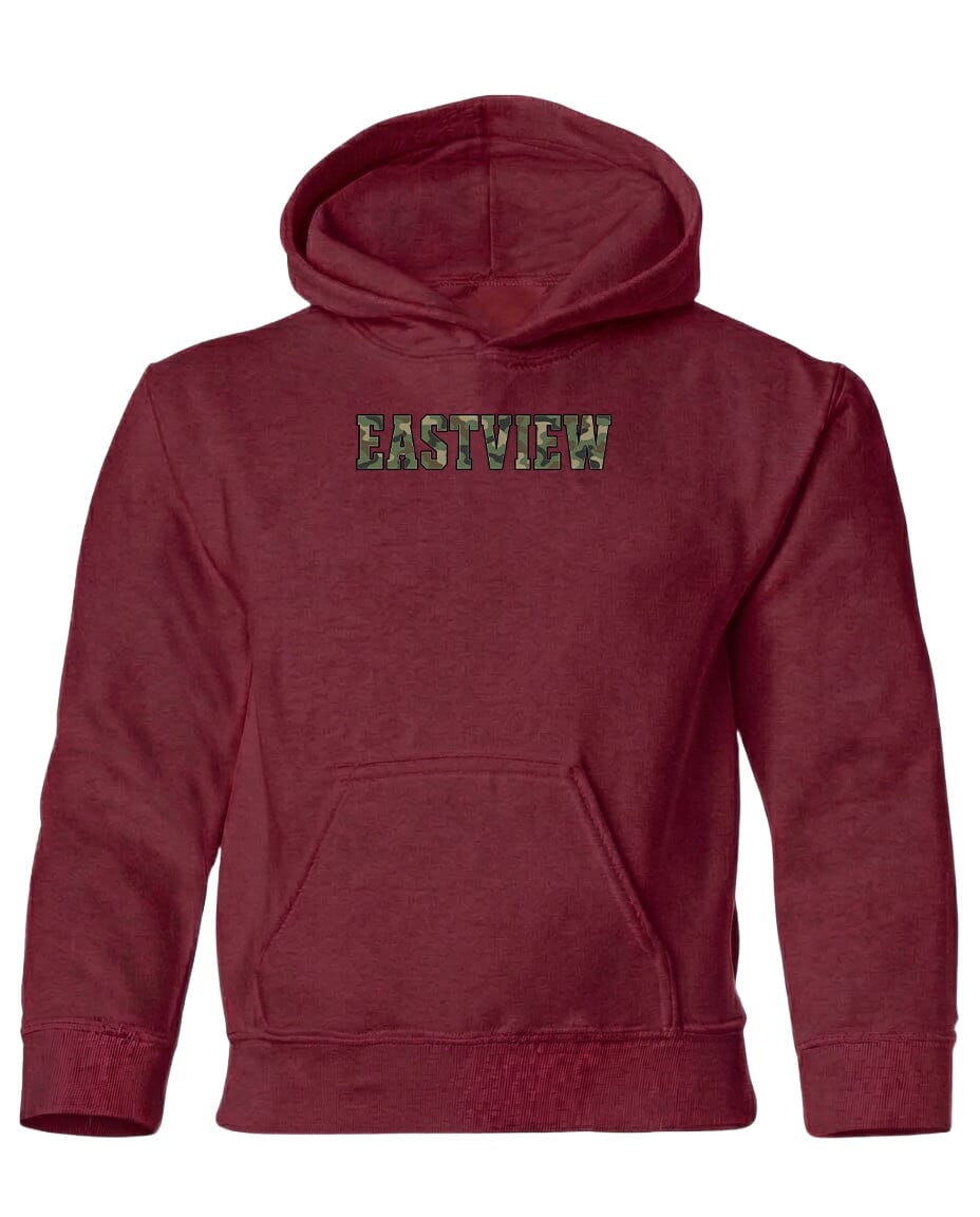 A maroon hooded sweatshirt with the word "EASTVIEW" printed on the front.