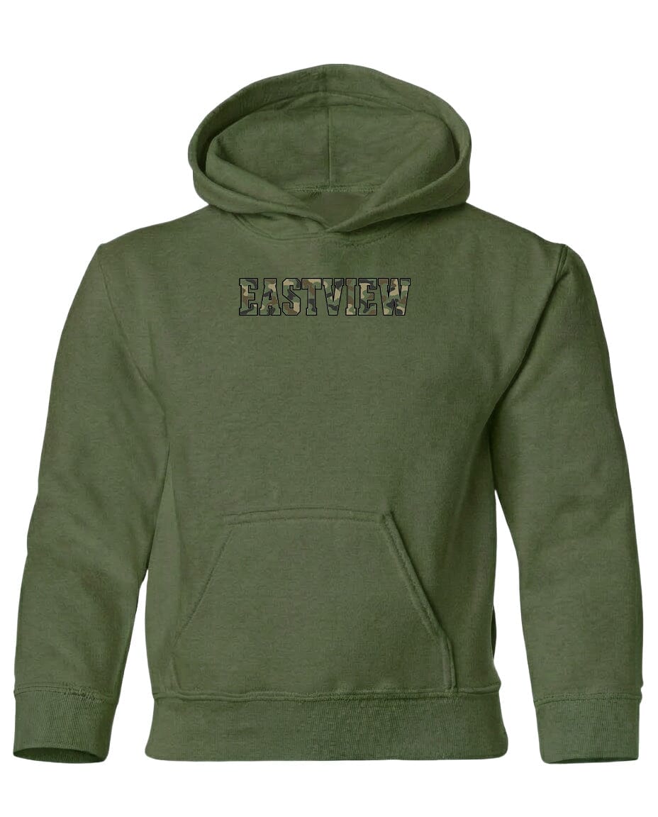 A green hoodie with the word "EASTVIEW" printed on it.