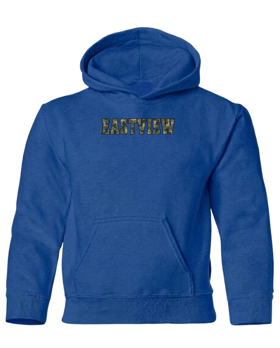 A blue hooded sweatshirt with the word "EASTVIEW" printed on it.