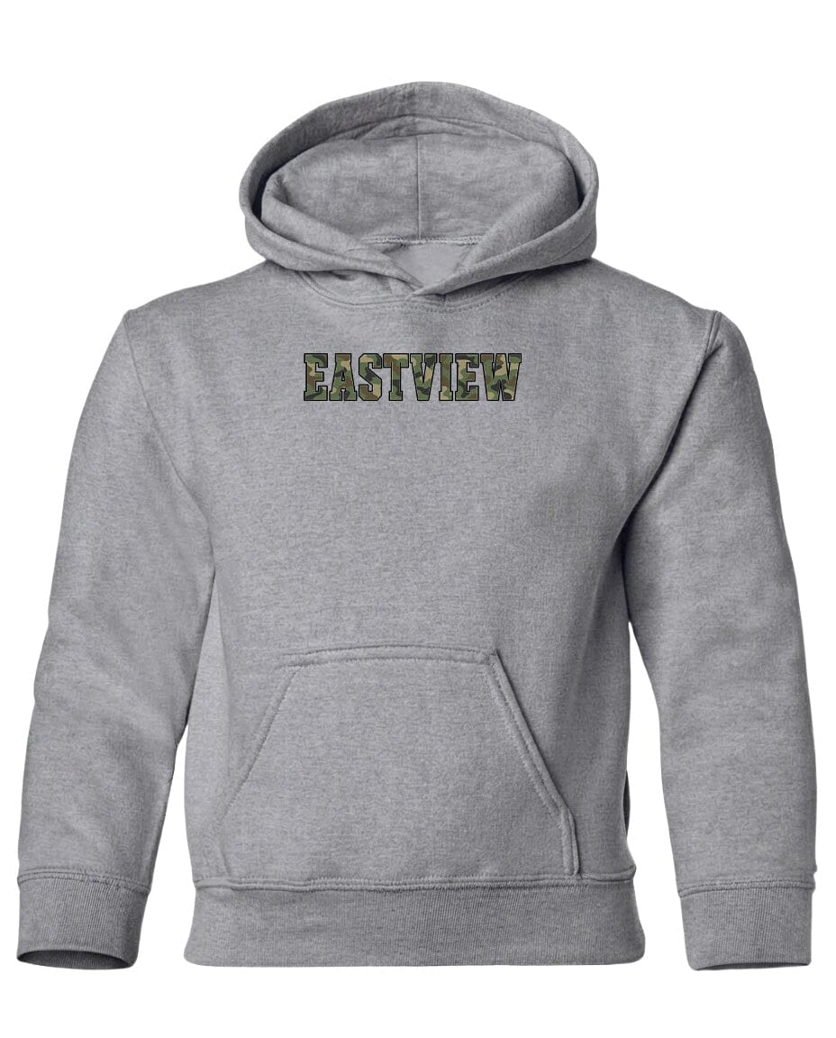 A gray hooded sweatshirt with the word "EASTVIEW" printed on the front.