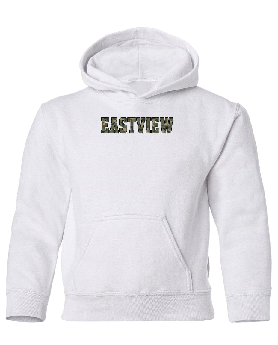 A white hooded sweatshirt with the text "EASTVIEW" printed on it.