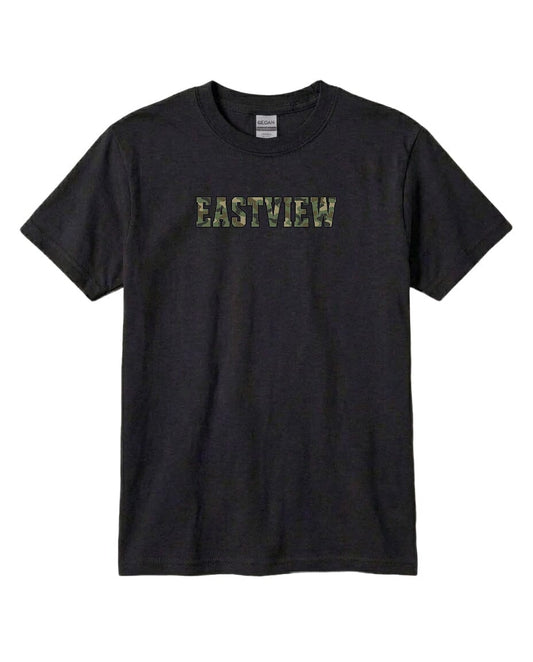 A black t-shirt with the word "EASTVIEW" printed on it in a camouflage pattern.