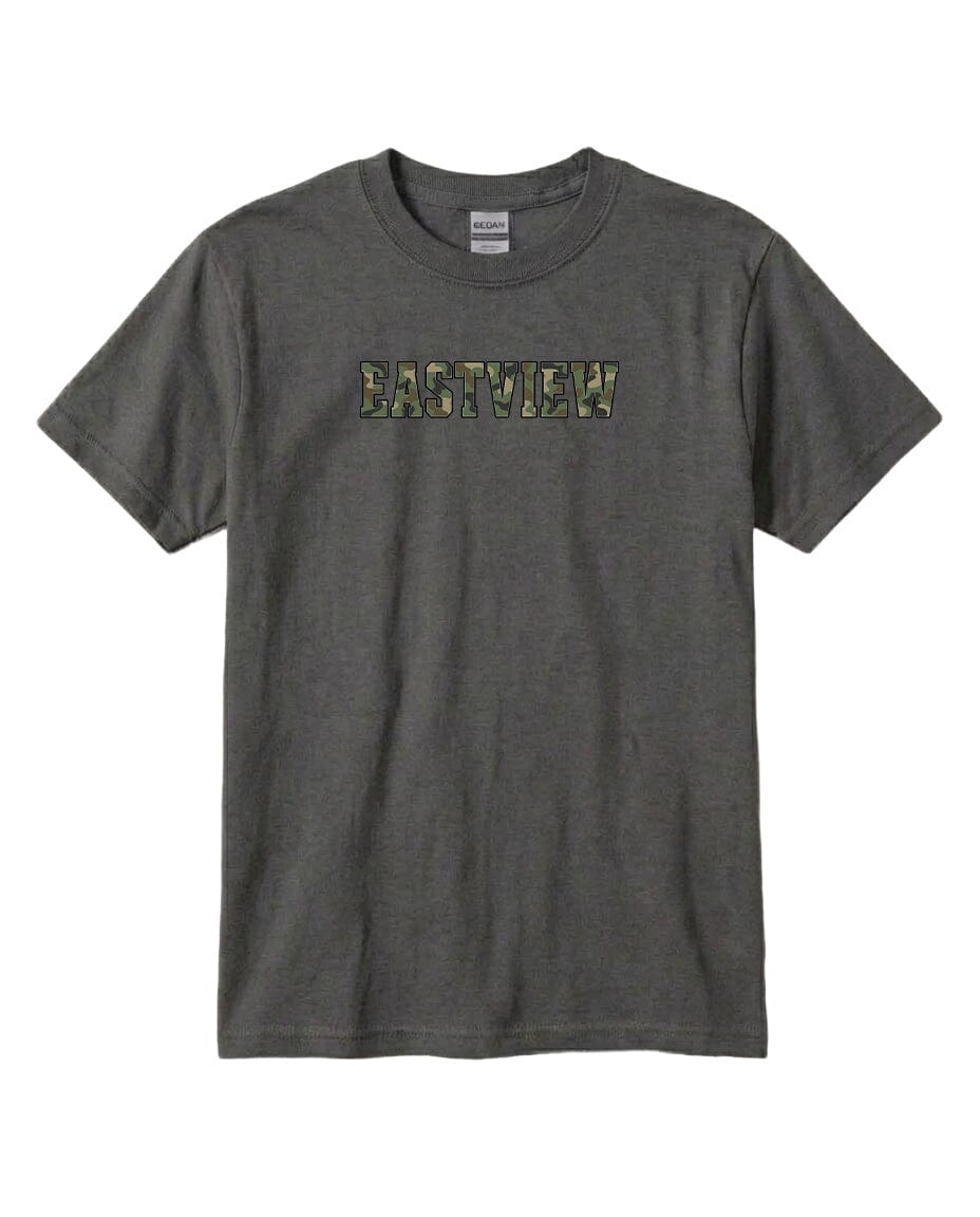 A gray t-shirt with the word "EASTVIEW" printed on it in a camouflage pattern.