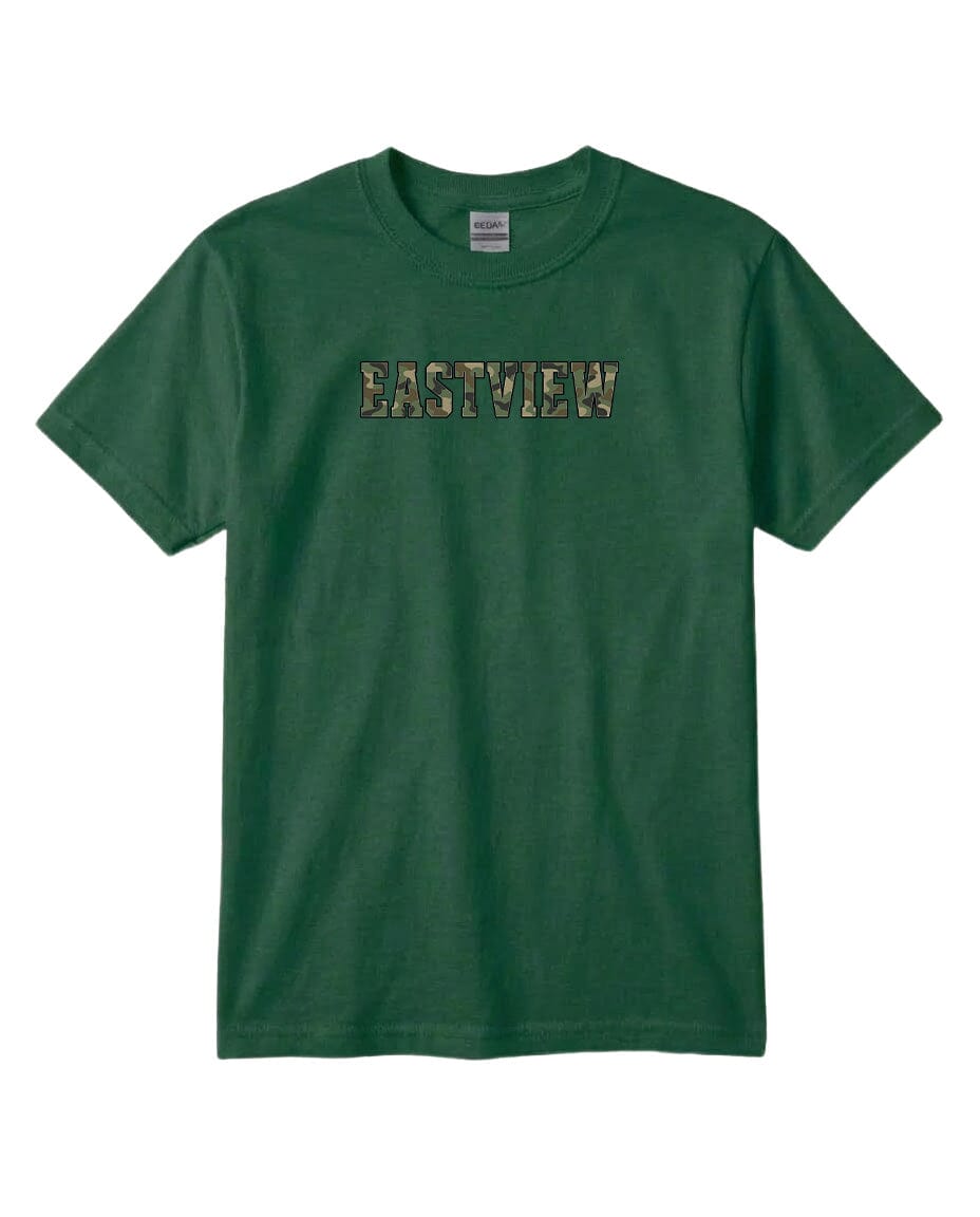 A green t-shirt with the word "EASTVIEW" printed on it in a camouflage pattern.