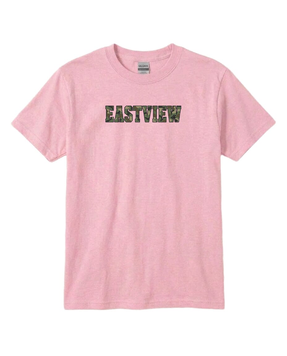 A pink t-shirt with the word "EASTVIEW" printed on it in a stylized font.