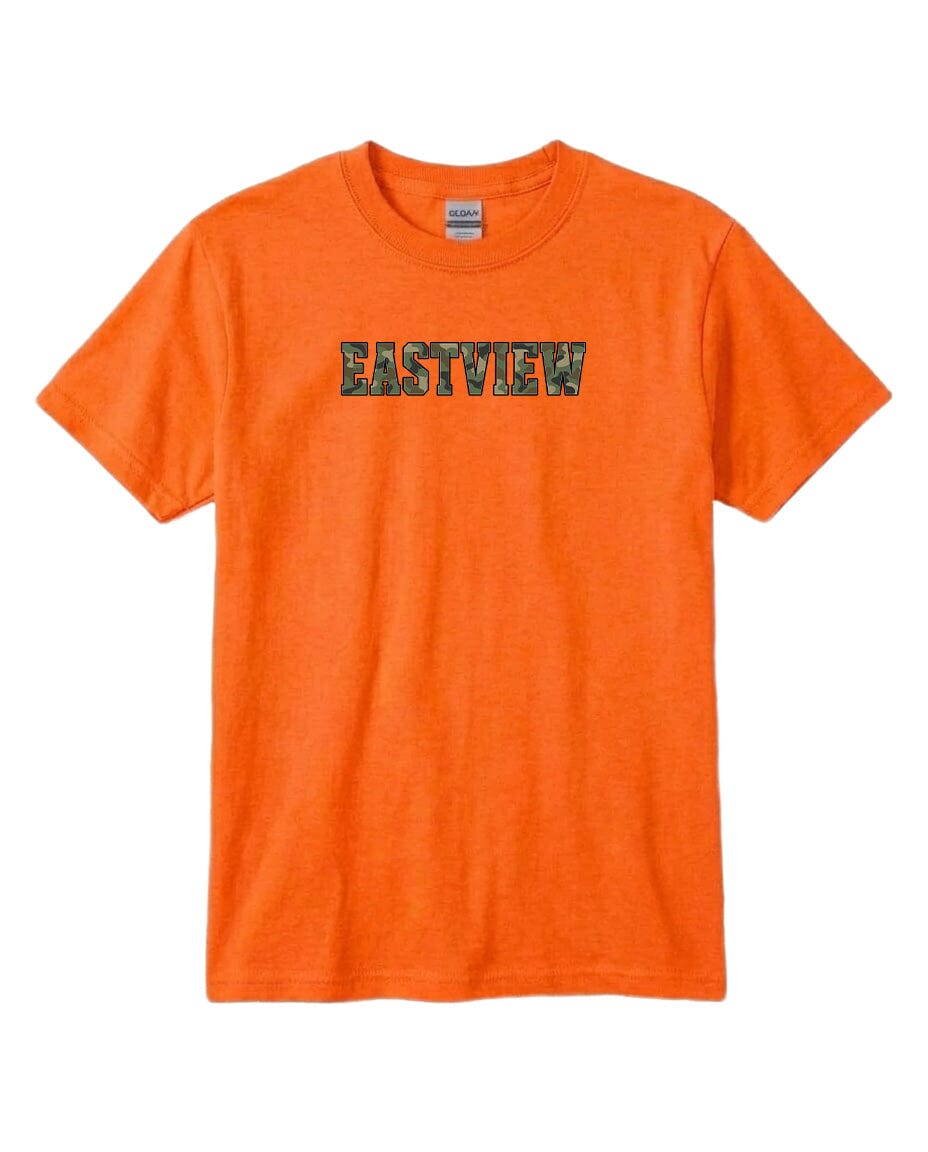 An orange t-shirt with the word "EASTVIEW" printed on it in a stylized font.