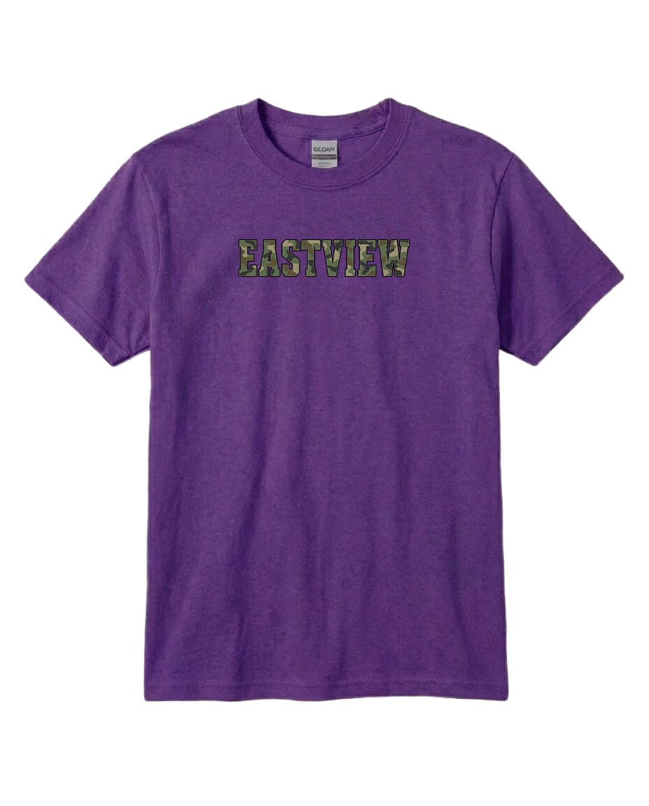 A purple t-shirt with the word "EASTVIEW" printed on it in a camouflage pattern.