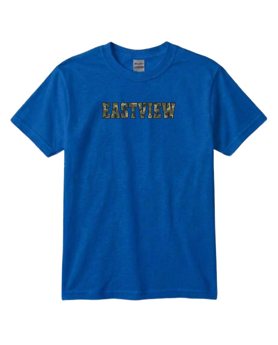 A blue t-shirt with the word "EASTVIEW" printed on it.