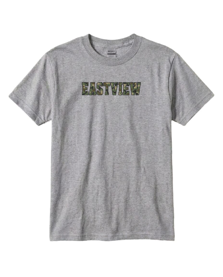 A gray t-shirt with the word "EASTVIEW" printed on it in a camouflage pattern.