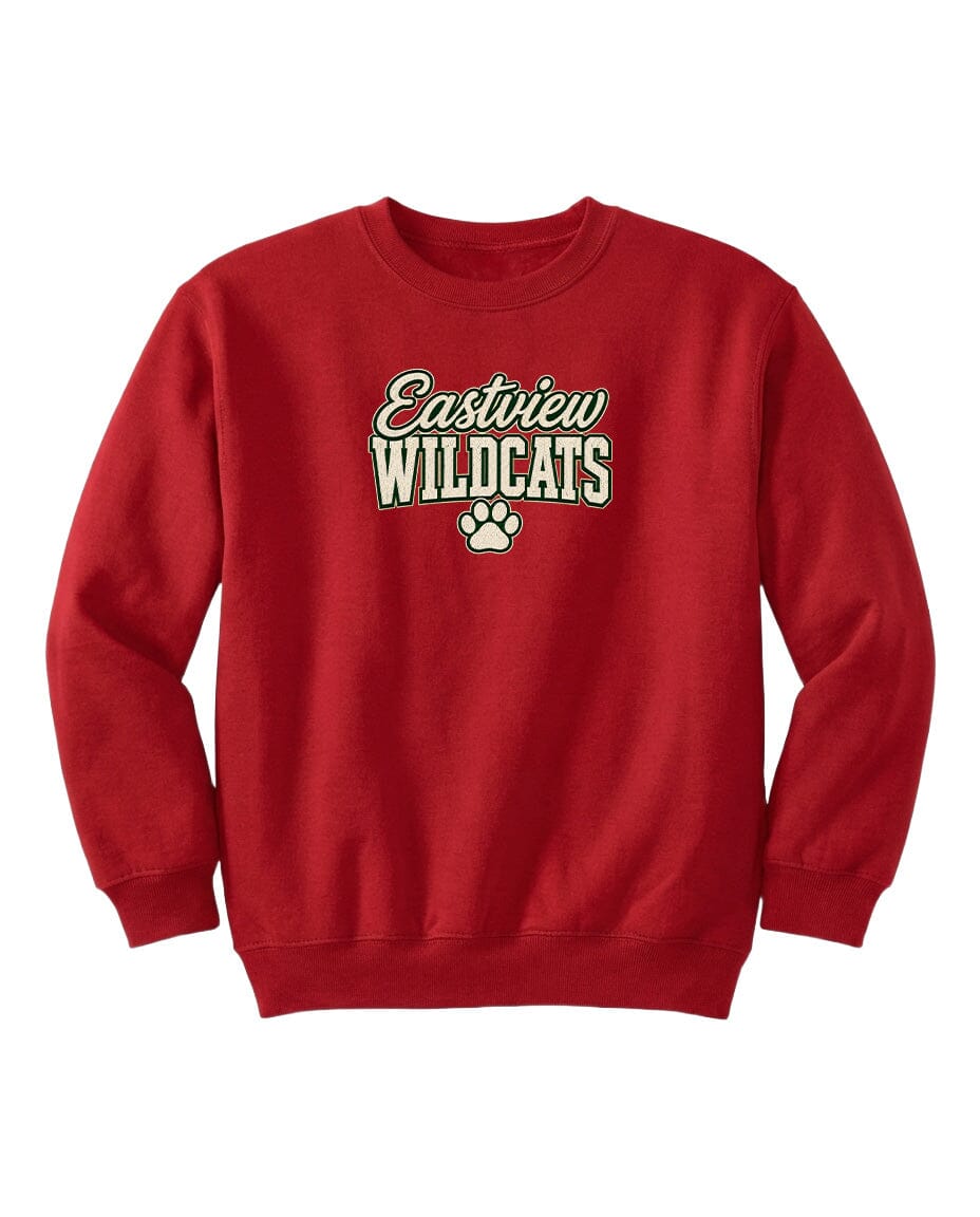 A red sweatshirt with the text "Eastview Wildcats" printed on it.