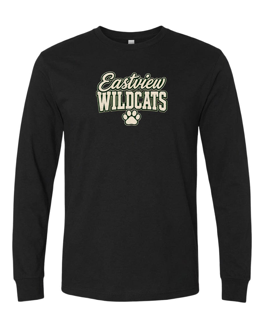 A black long-sleeved t-shirt with the text "Eastview Wildcats" printed on it.