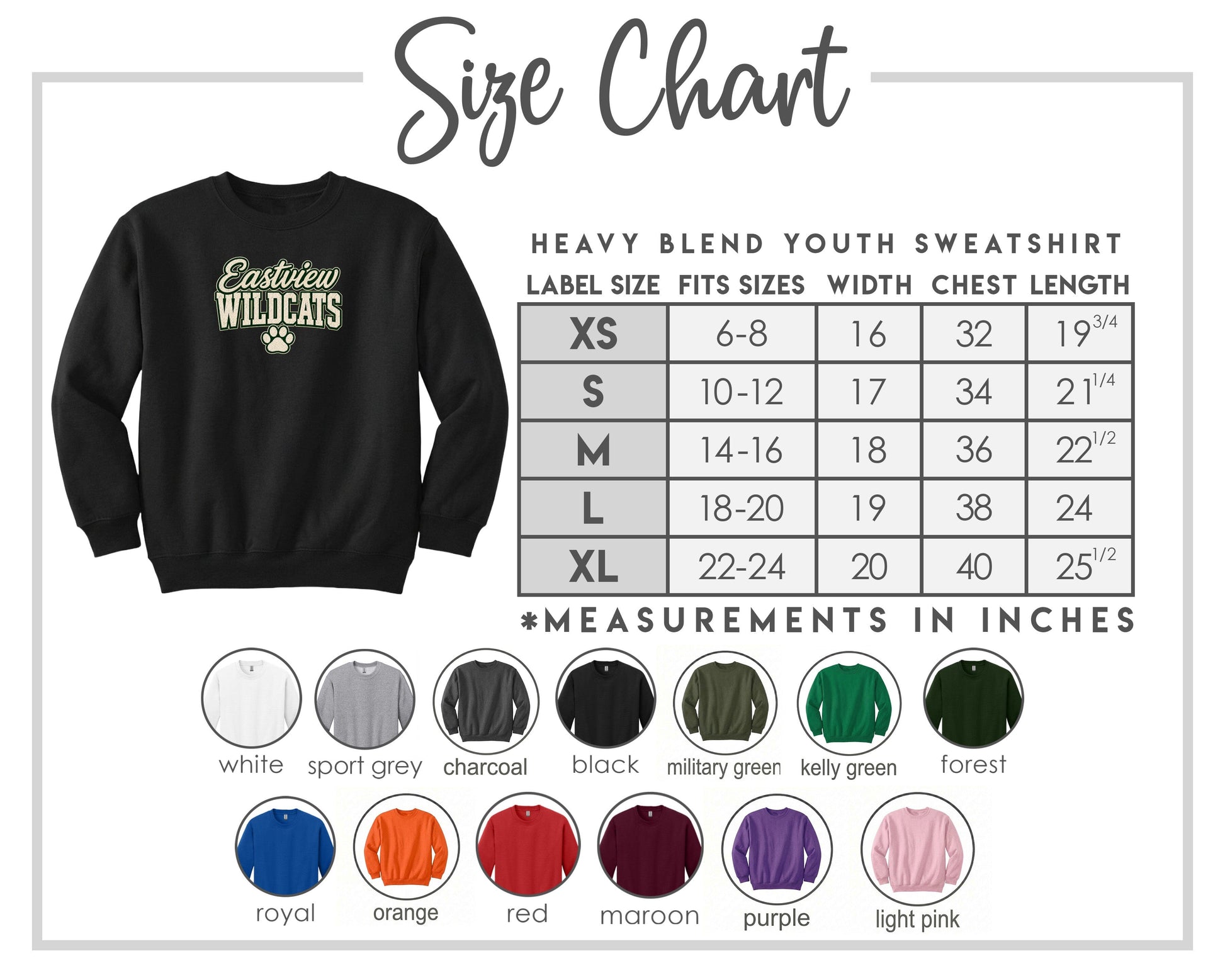 The image is a size chart for a heavy blend youth sweatshirt, including various color options and corresponding measurements in inches.