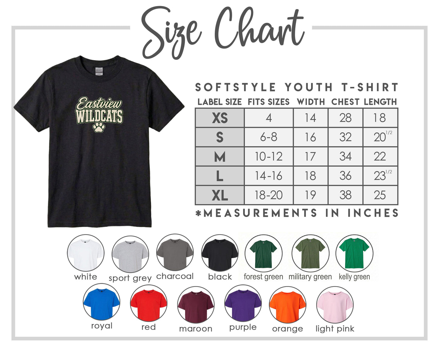 The image is a size chart for a softstyle youth t-shirt, providing measurements for different sizes and corresponding t-shirt colors.