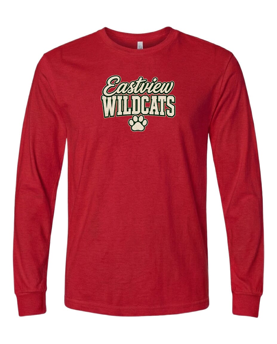 A red long-sleeved t-shirt with the text "Eastview Wildcats" printed on it.