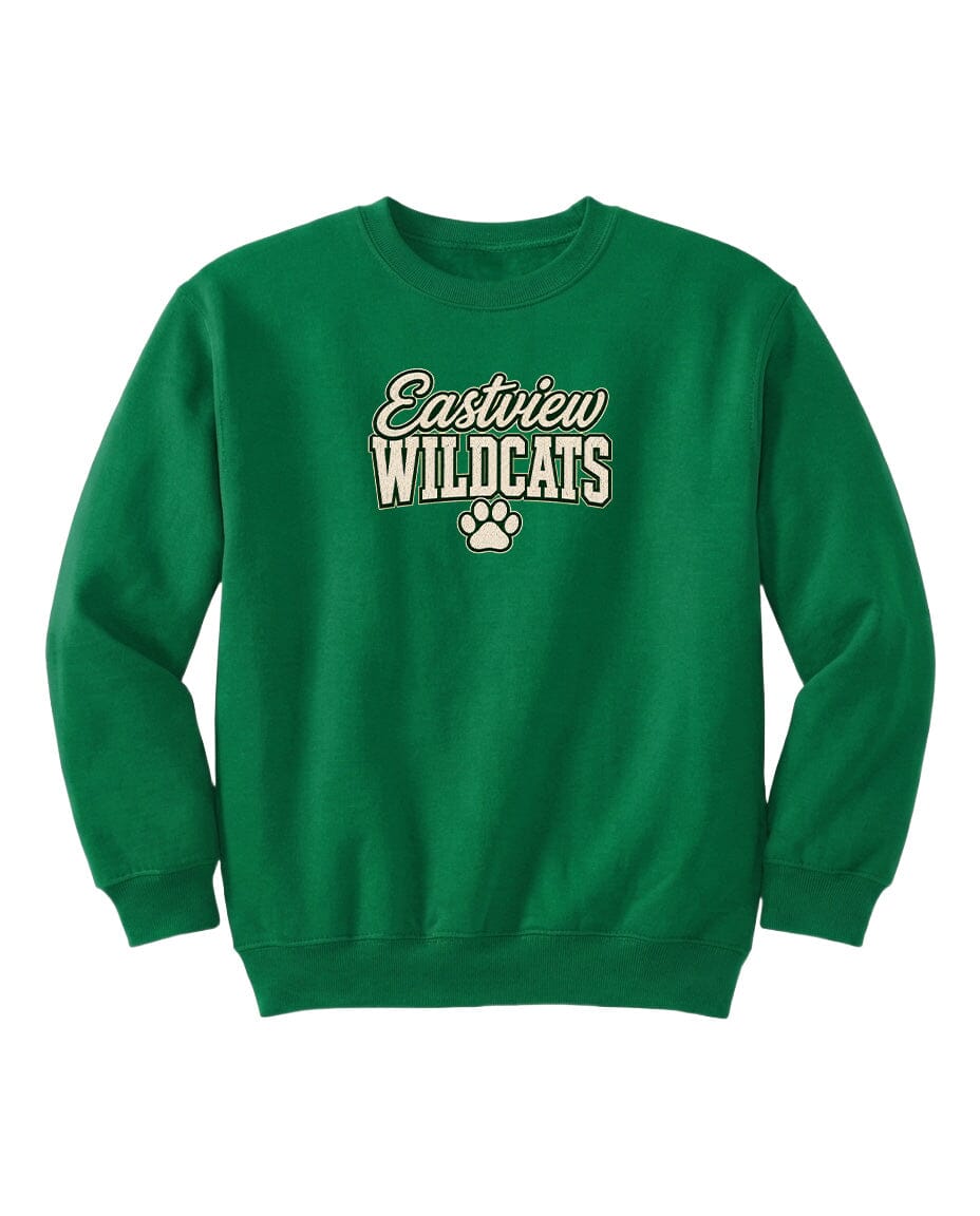 A bright green sweatshirt with the text "Eastview Wildcats" printed on it.