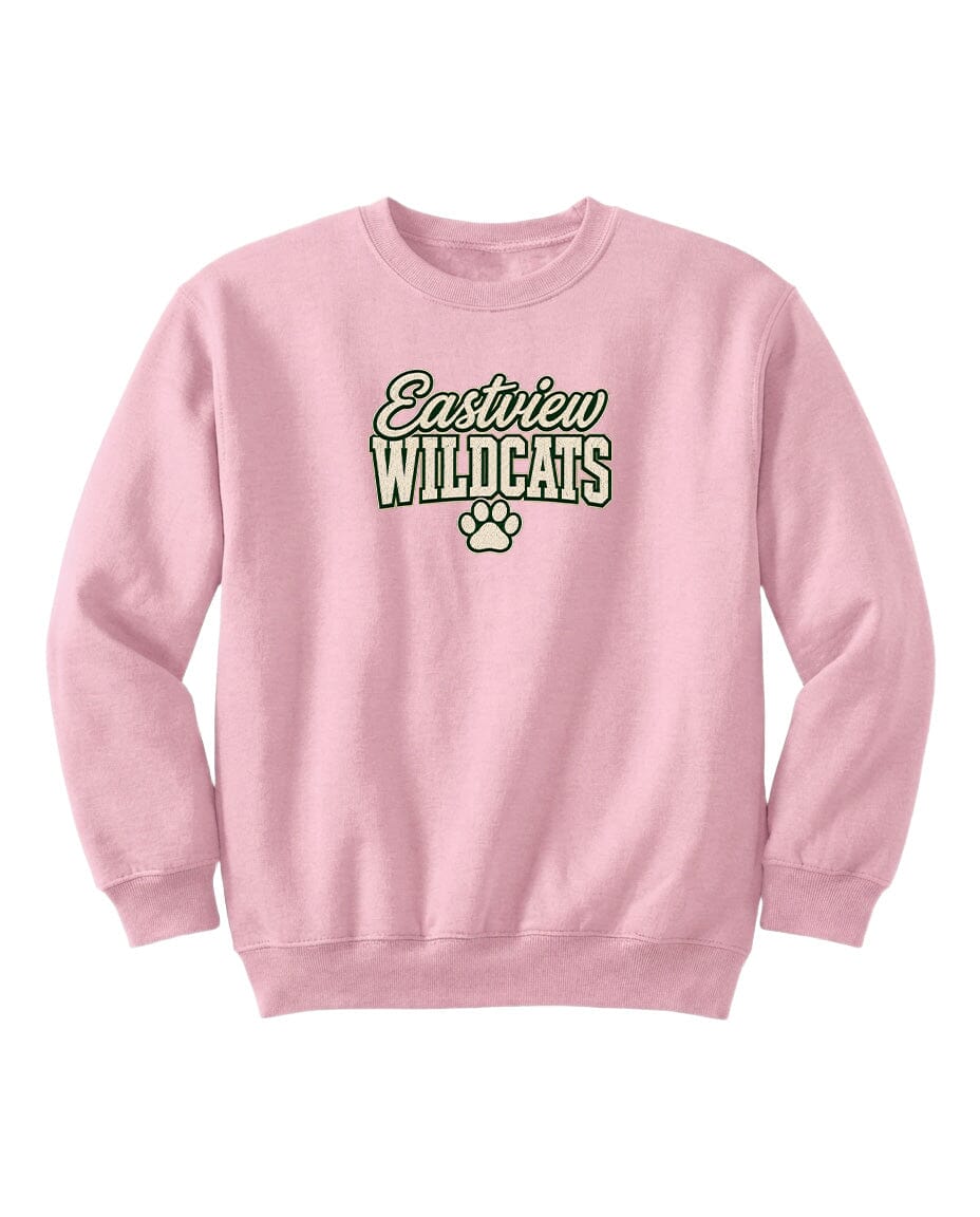 A pink sweatshirt with the text "Eastview Wildcats" printed on it.