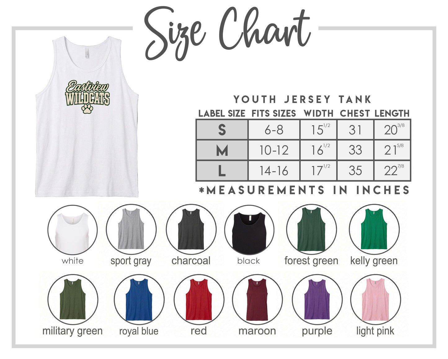 The image is a size chart for a youth jersey tank, displaying various color options and corresponding measurements in inches.