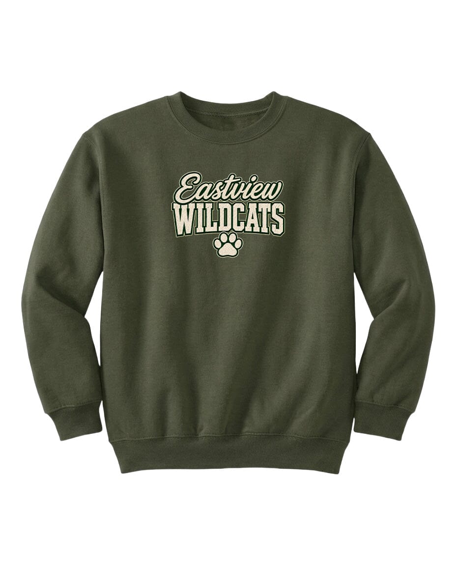 A dark green sweatshirt with the text "Eastview Wildcats" printed on it.