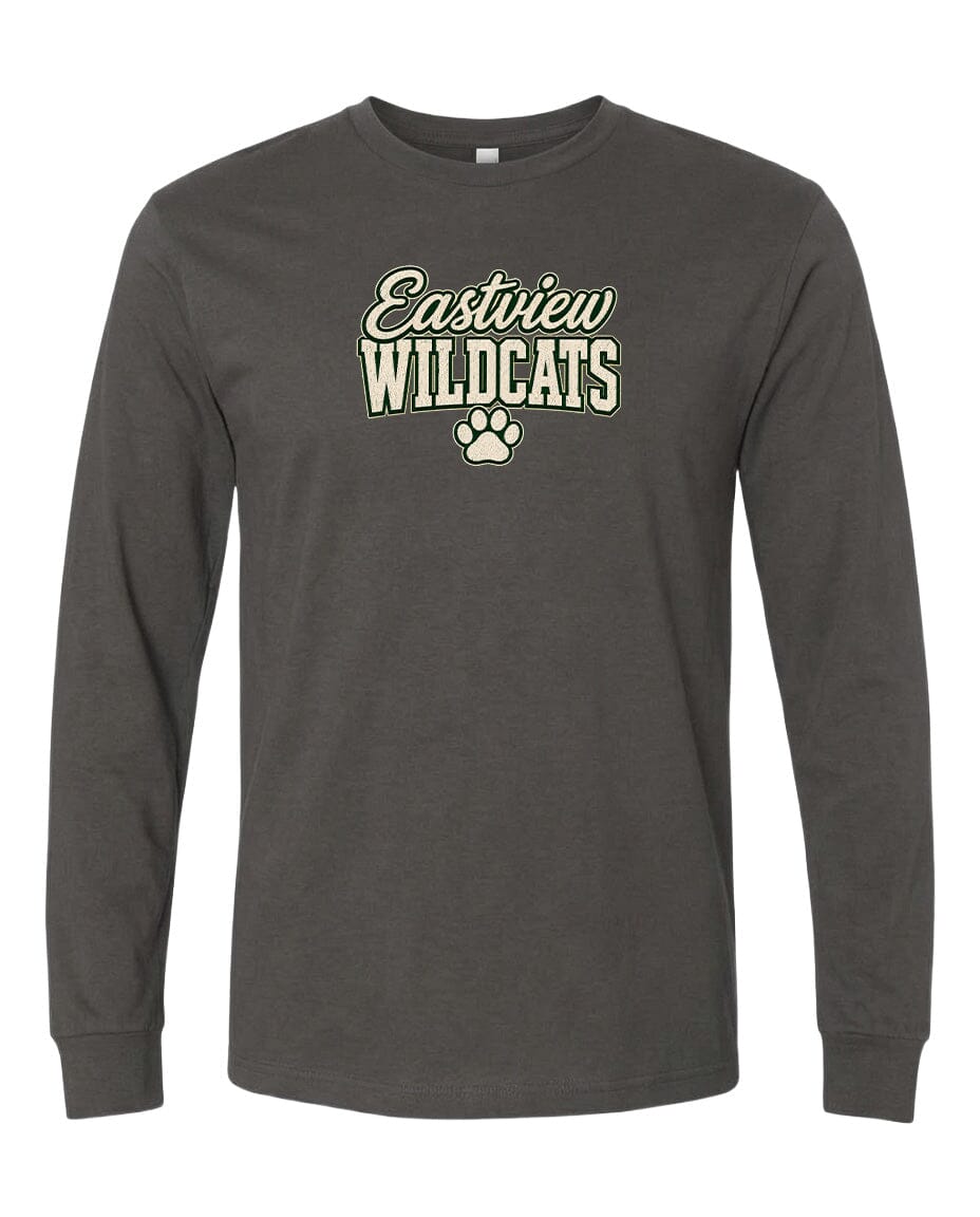A gray long-sleeved t-shirt with the text "Eastview Wildcats" printed on it.