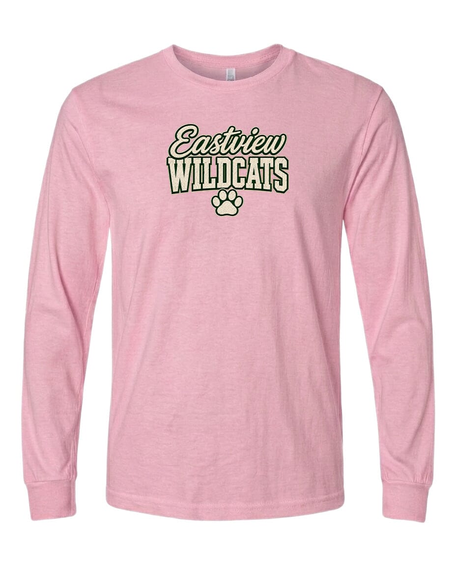 A pink long-sleeved t-shirt with the text "Eastview Wildcats" printed on it.