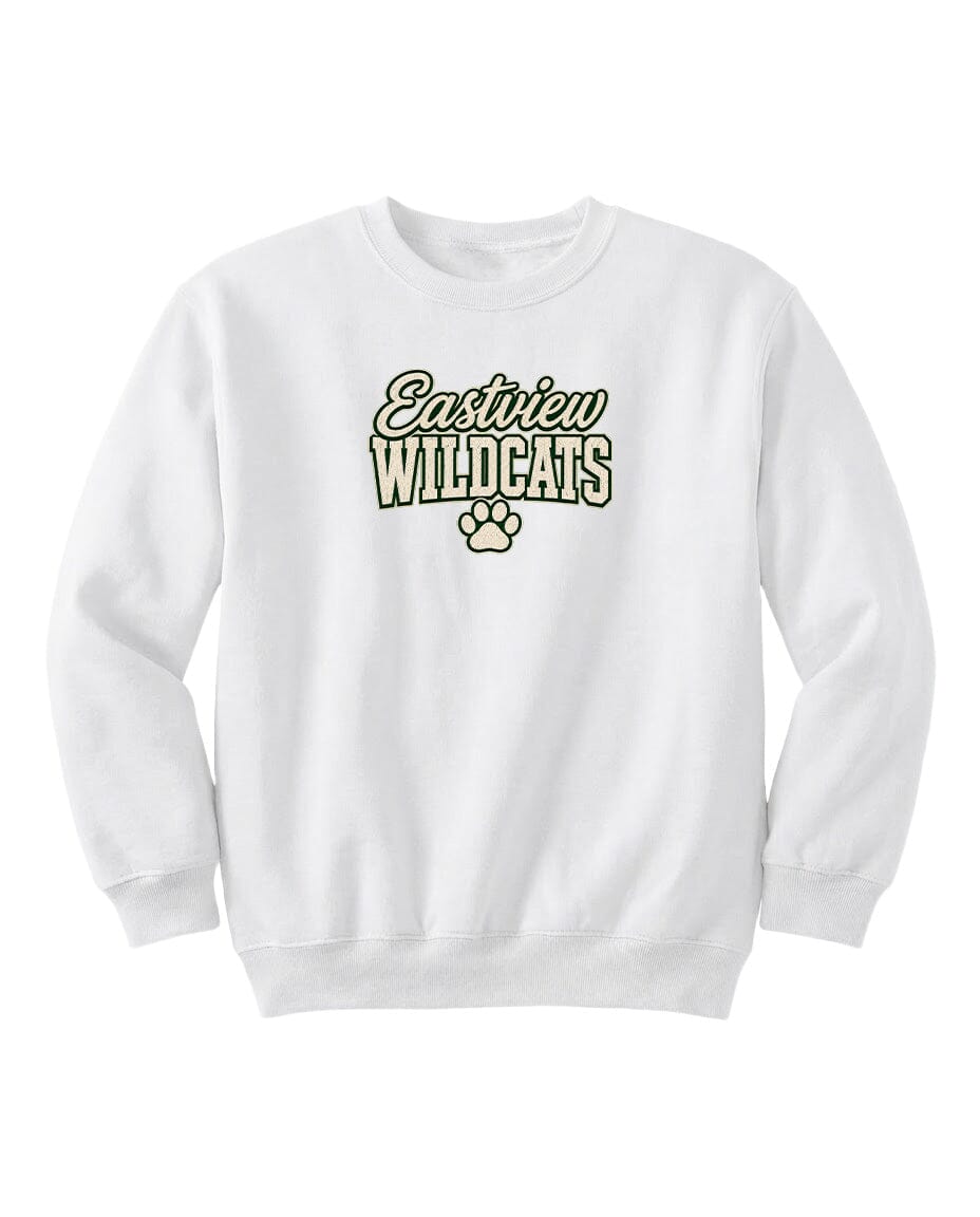 A white sweatshirt with the text "Eastview Wildcats" printed on it.