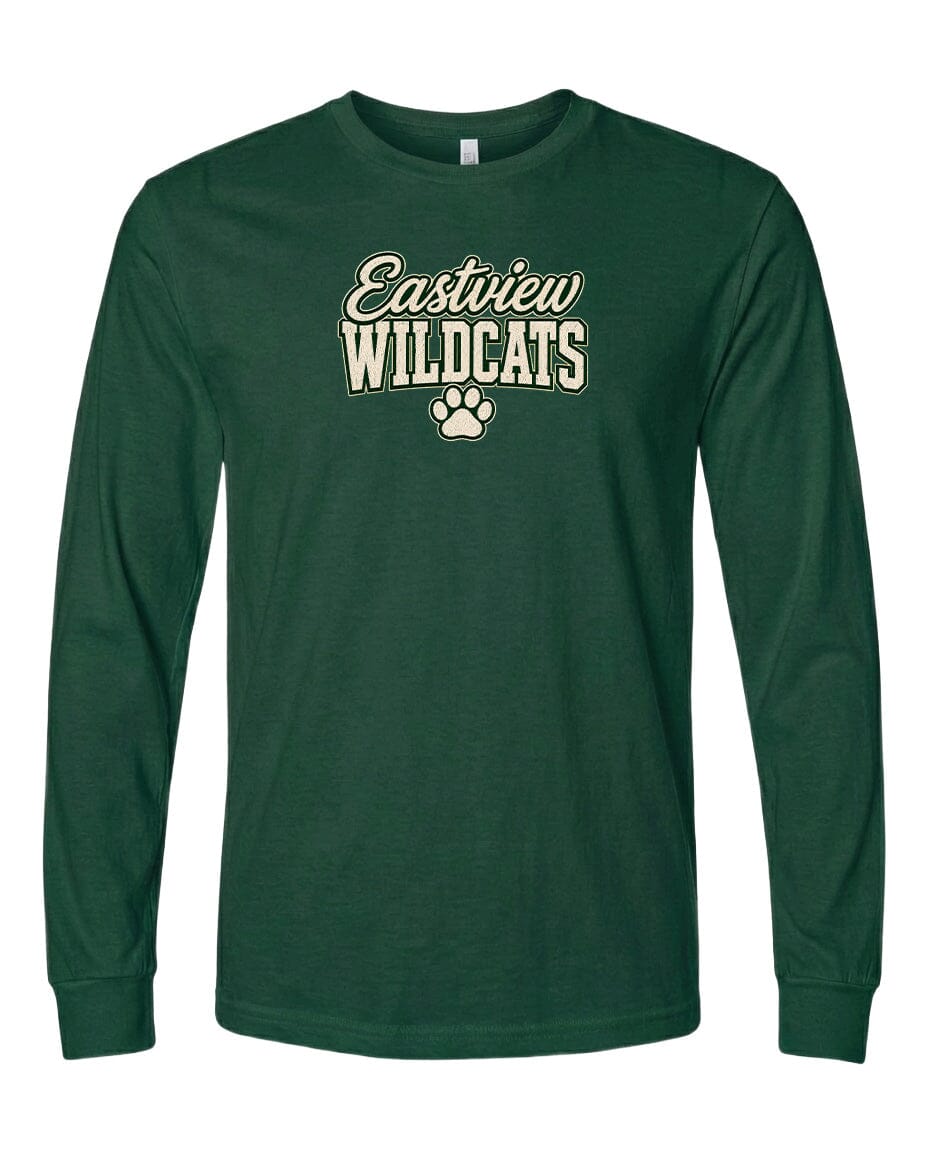A dark green long-sleeved t-shirt with the text "Eastview Wildcats" printed on it.