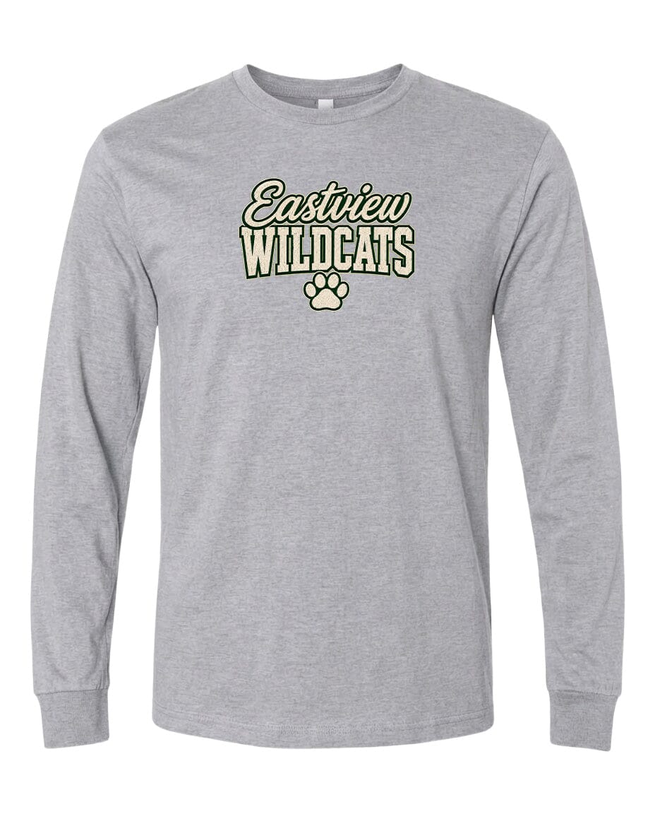 A gray long-sleeved t-shirt with the text "Eastview Wildcats" printed on it.