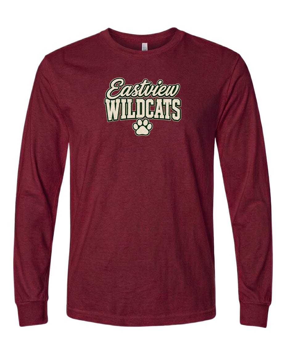 A burgundy long-sleeved t-shirt with the text "Eastview Wildcats" printed on it.