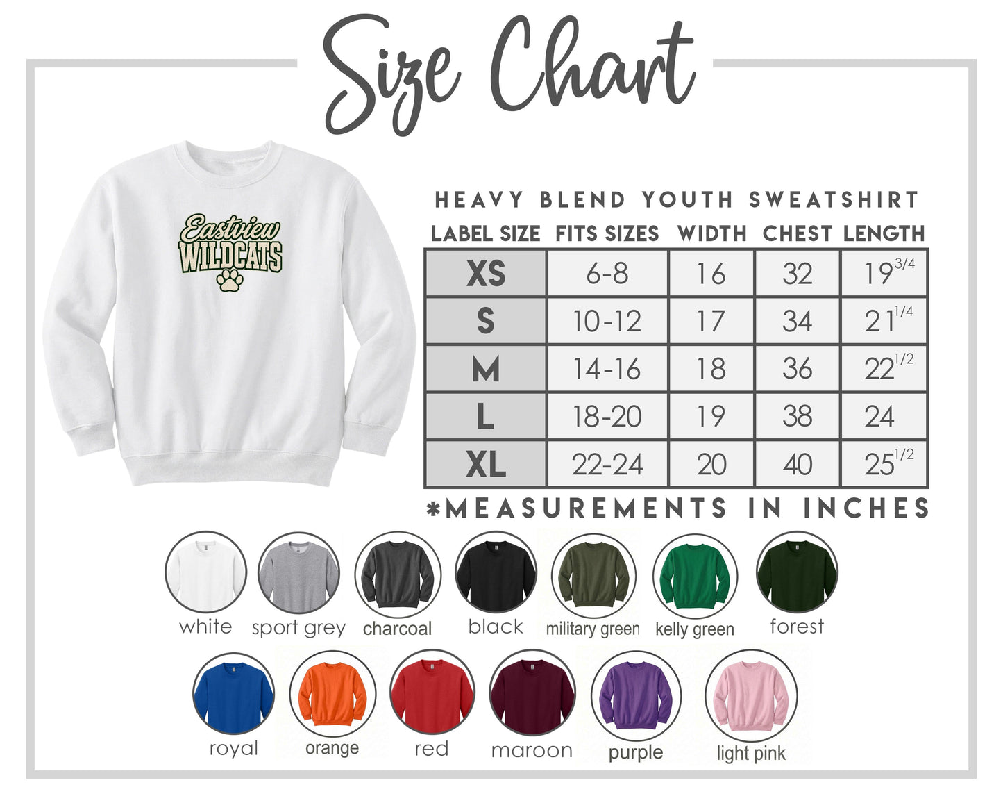 The image is a size chart for a heavy blend youth sweatshirt, including various color options and corresponding measurements in inches.