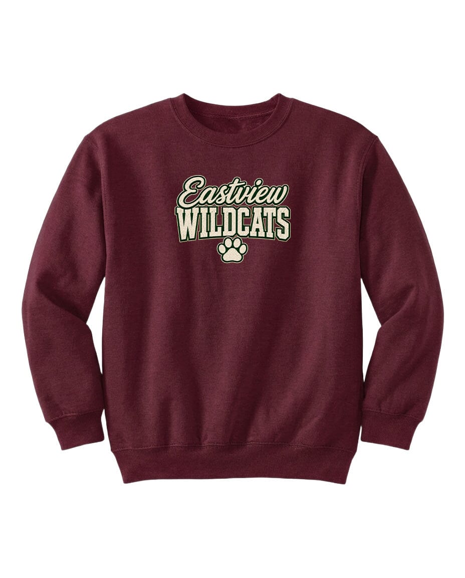 A burgundy sweatshirt with the text "Eastview Wildcats" printed on it.