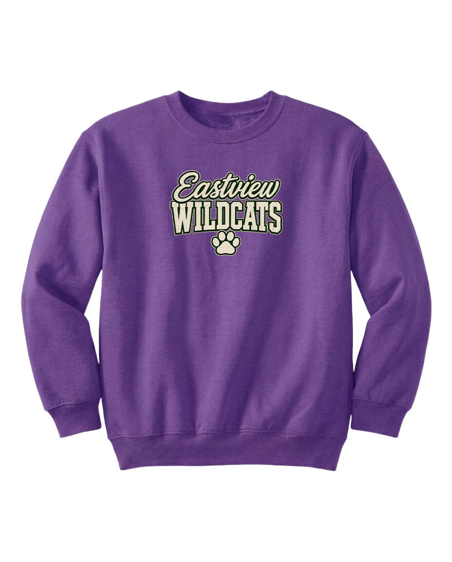 A purple sweatshirt with the text "Eastview Wildcats" printed on it.