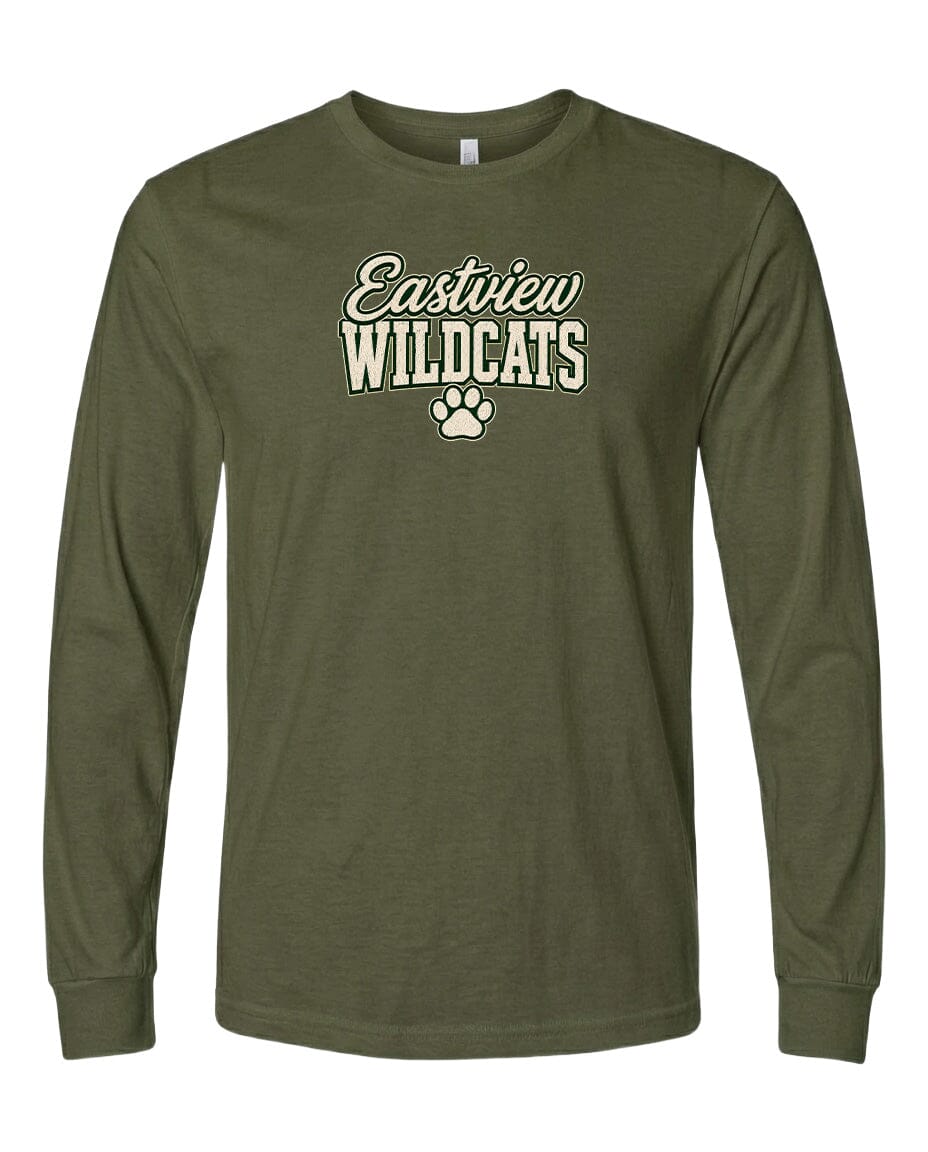 A long-sleeved olive green t-shirt with the text "Eastview Wildcats" printed on it.