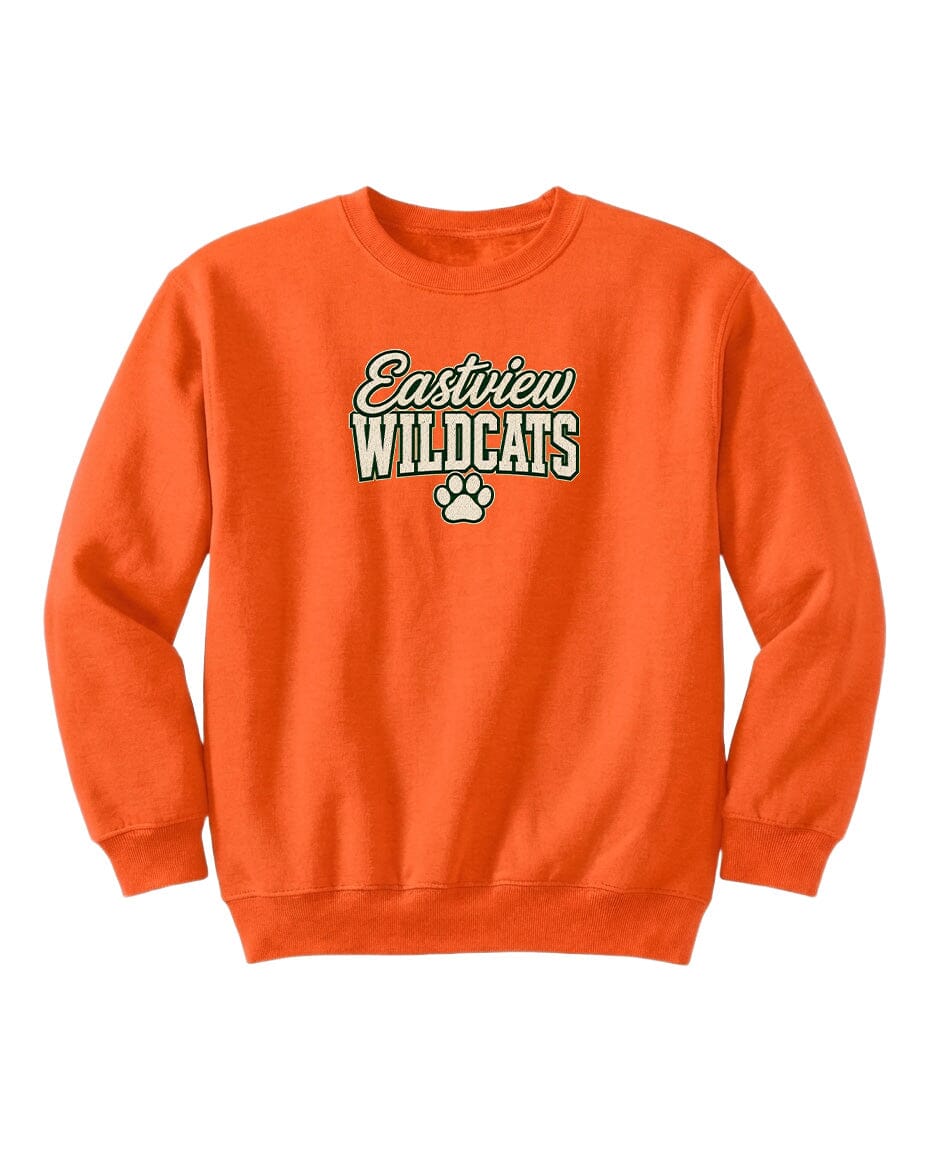 An orange sweatshirt with the text "Eastview Wildcats" printed on it.