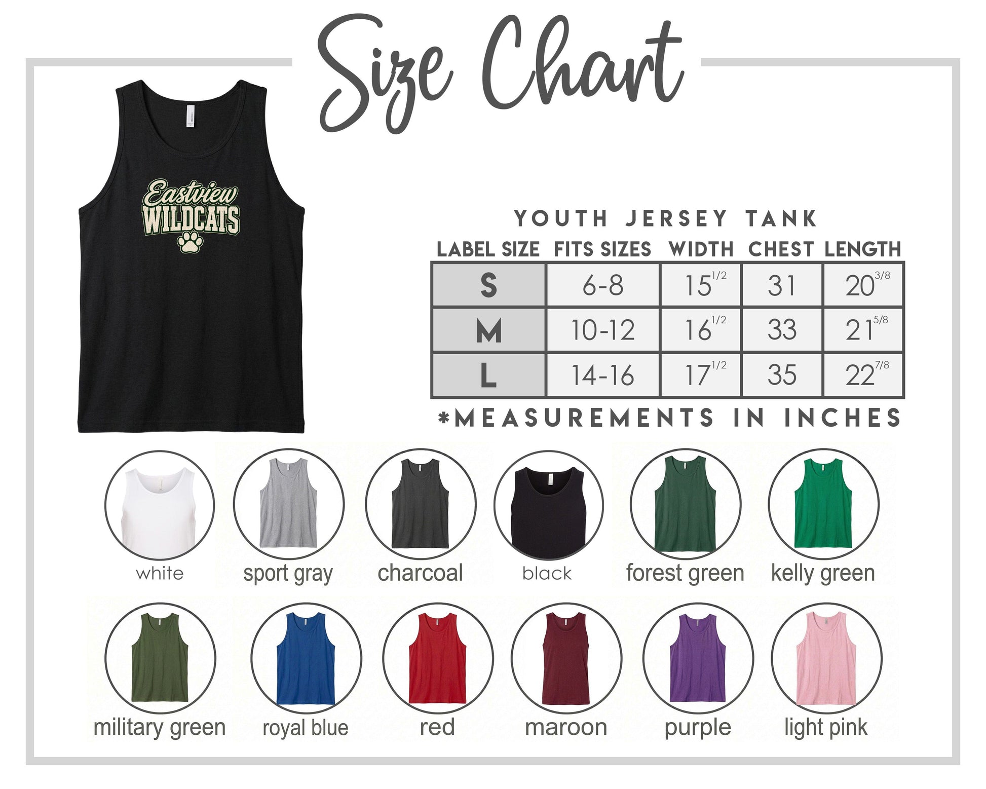 The image is a size chart for a youth jersey tank, displaying various color options and corresponding measurements in inches.