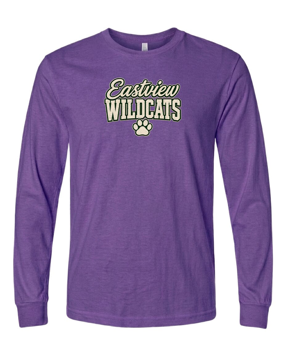 A purple long-sleeved t-shirt with the text "Eastview Wildcats" printed on it.