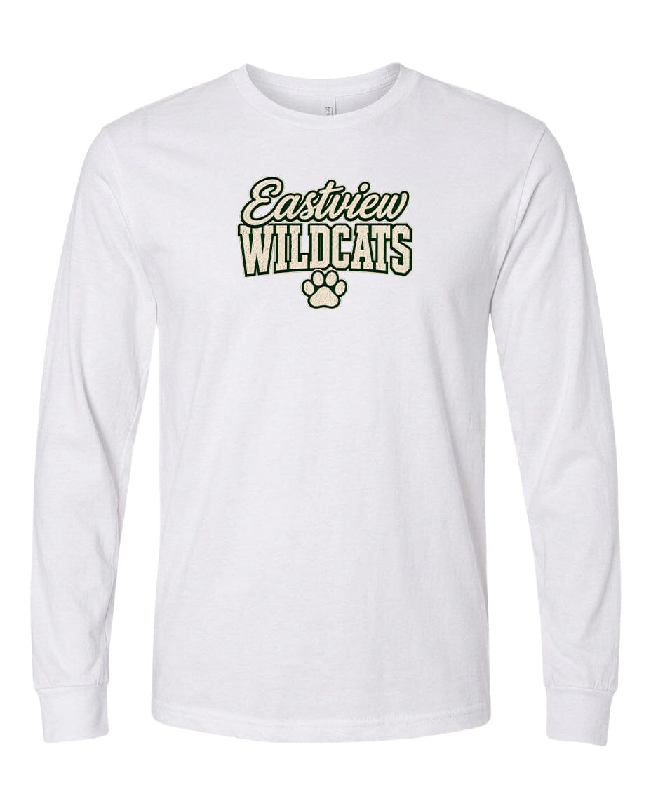 A white long-sleeved t-shirt with a graphic design featuring the text "Eastview Wildcats" and a paw print.