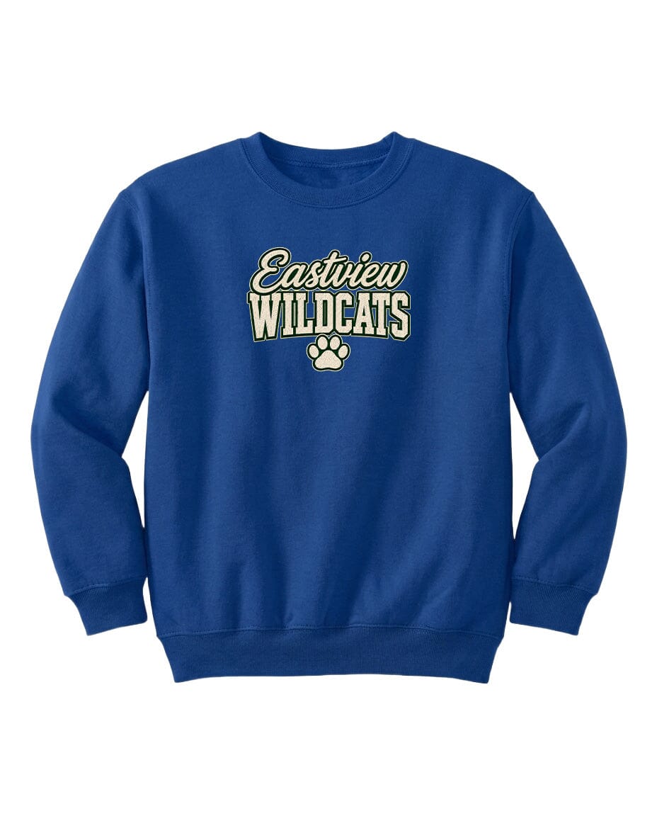 A blue sweatshirt with the text "Eastview Wildcats" printed on it.