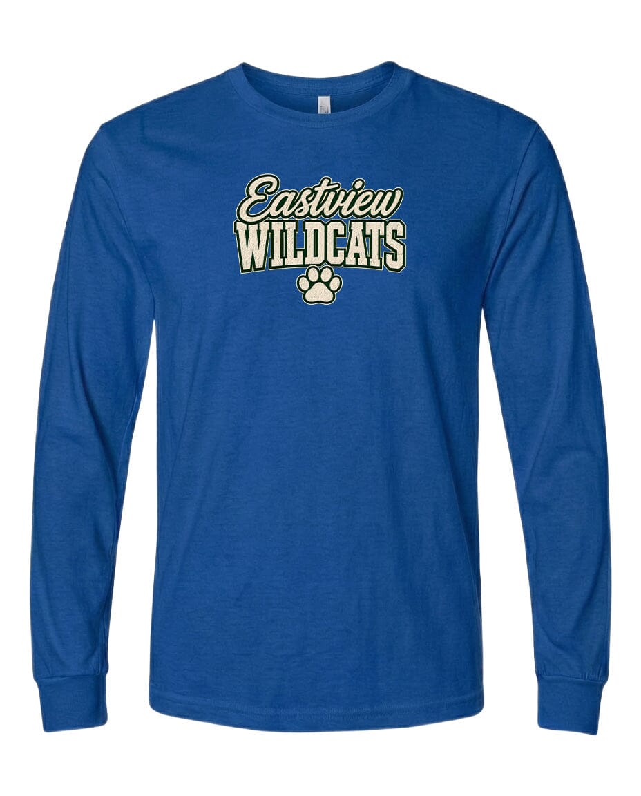 A blue long-sleeved t-shirt with the text "Eastview Wildcats" printed on it.