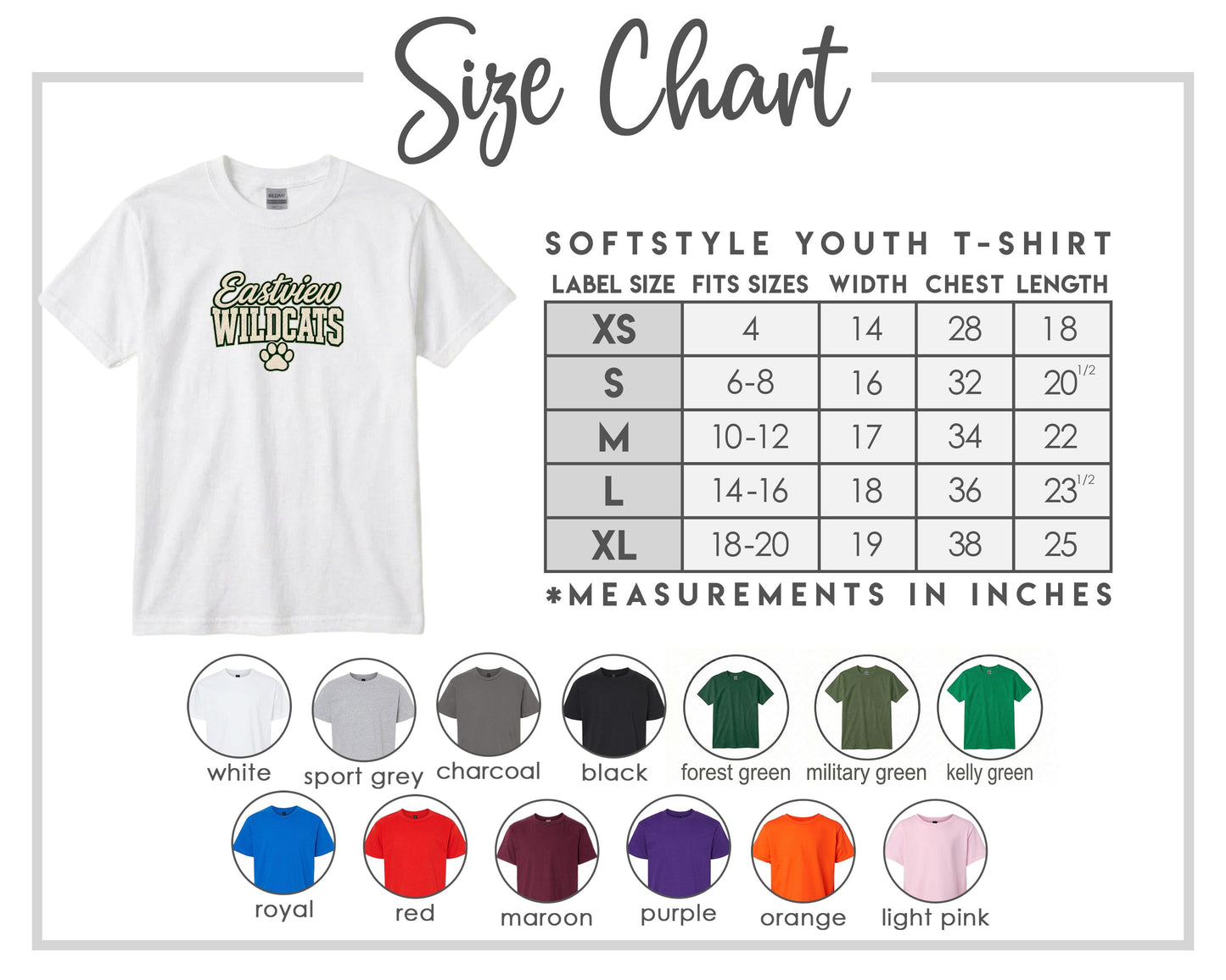 The image is a size chart for a softstyle youth t-shirt, providing measurements for different sizes and corresponding t-shirt colors.