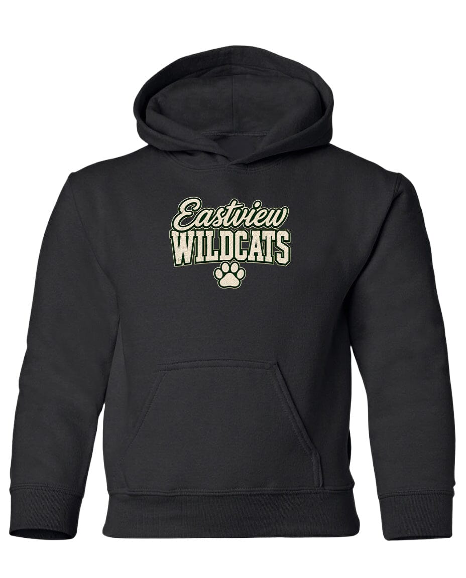 A black hooded sweatshirt with the text "Eastview Wildcats" printed on it.