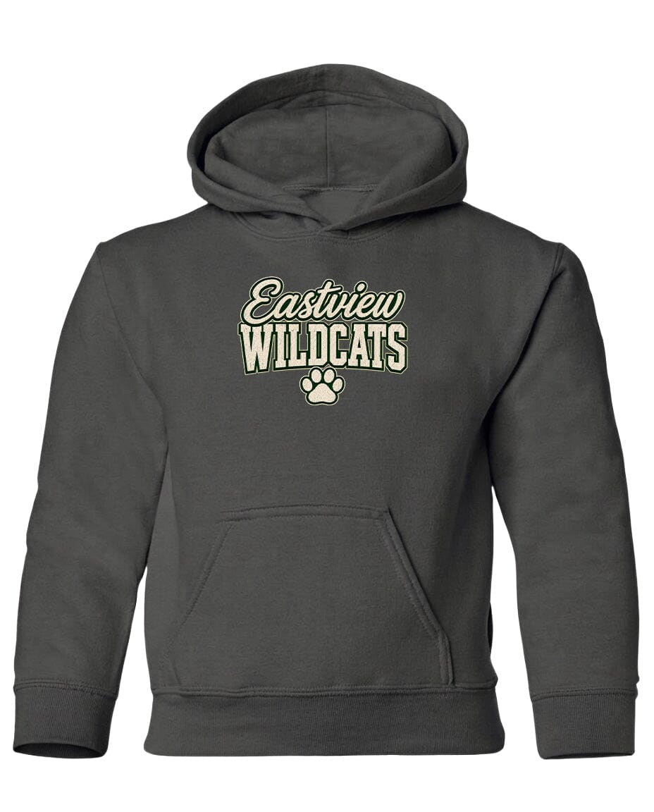 A gray hooded sweatshirt with the text "Eastview Wildcats" printed on it.