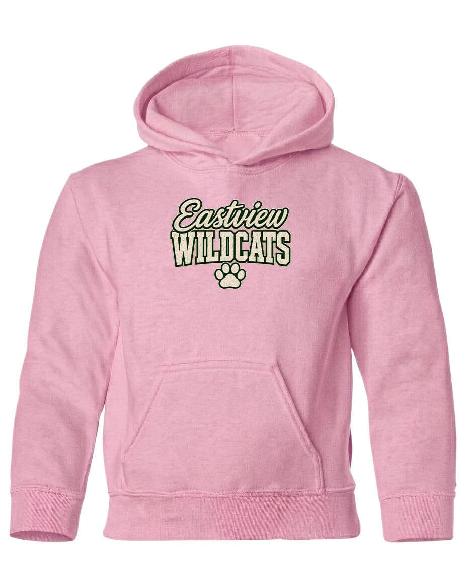 A pink hoodie with the text "Eastview Wildcats" printed on it.
