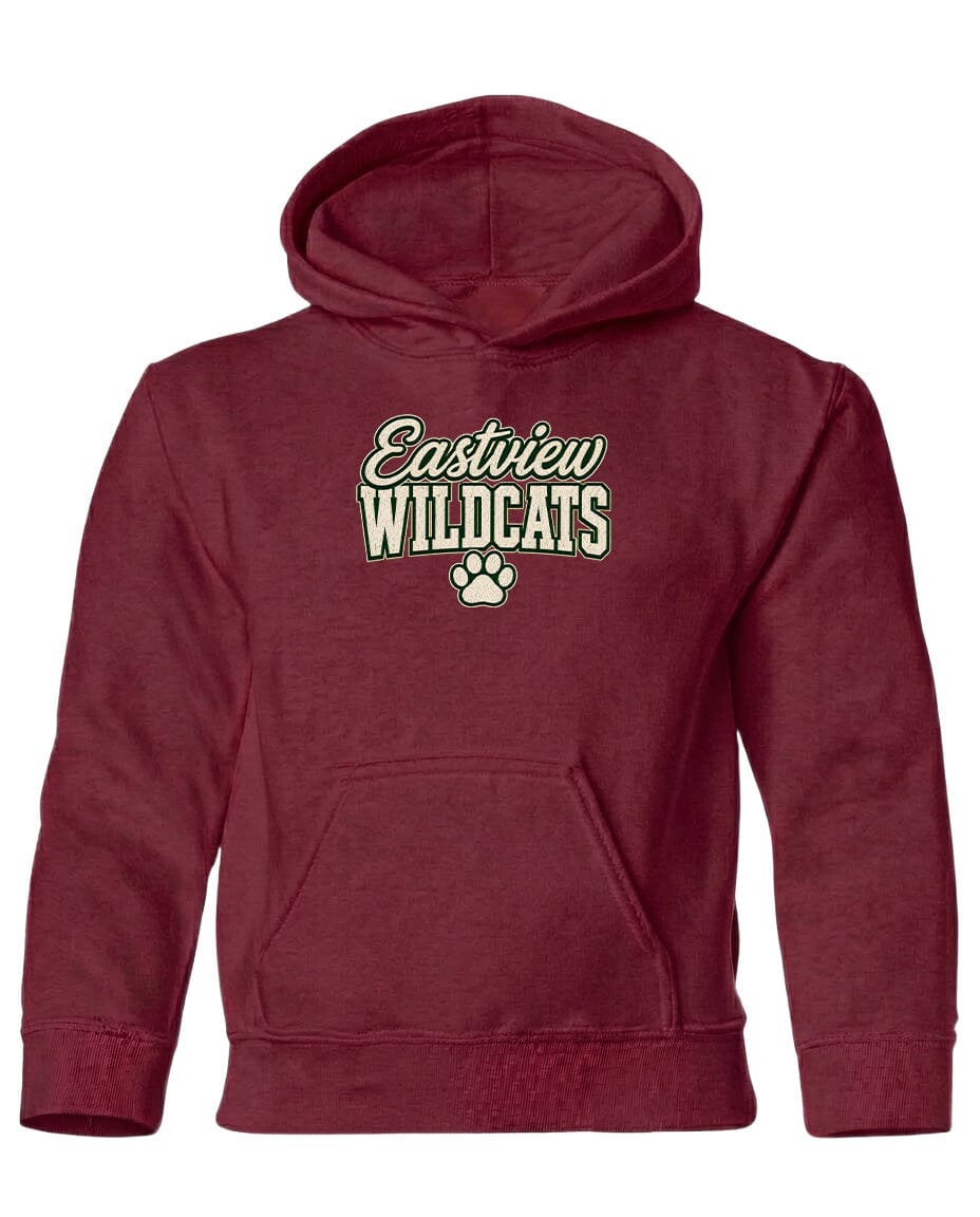 A burgundy-colored hooded sweatshirt with the text "Eastview Wildcats" printed on it.